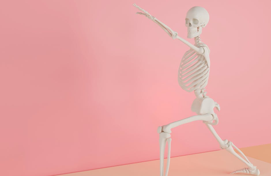 A skeleton model doing a yoga stretch on a pink backdrop, symbolizing fitness and anatomy.