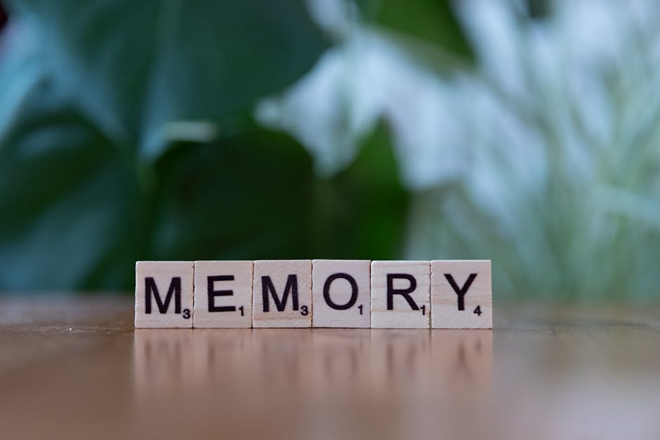 Wooden letter tiles spelling 'Memory' on a wooden table with blurred green background.