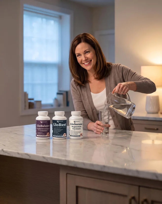 A woman in her kitchen with the three Glomend bottles — GloBalance, GloRest and GloSerene