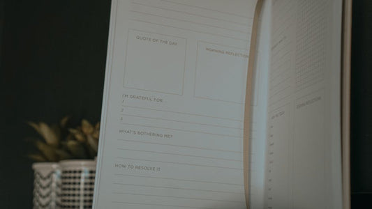 An open journal with sections for quotes, reflections, and gratitude.