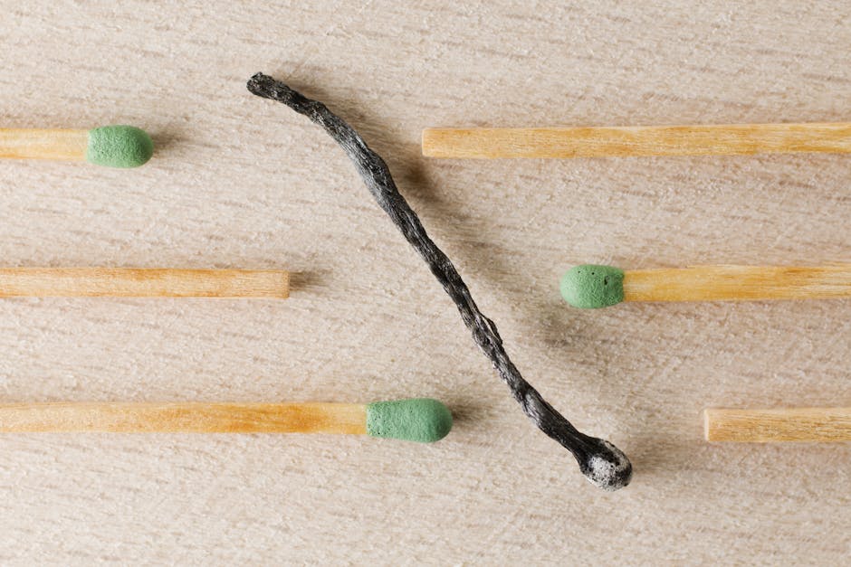 Charred match surrounded by green-tipped matches symbolizing burnout and contrast.