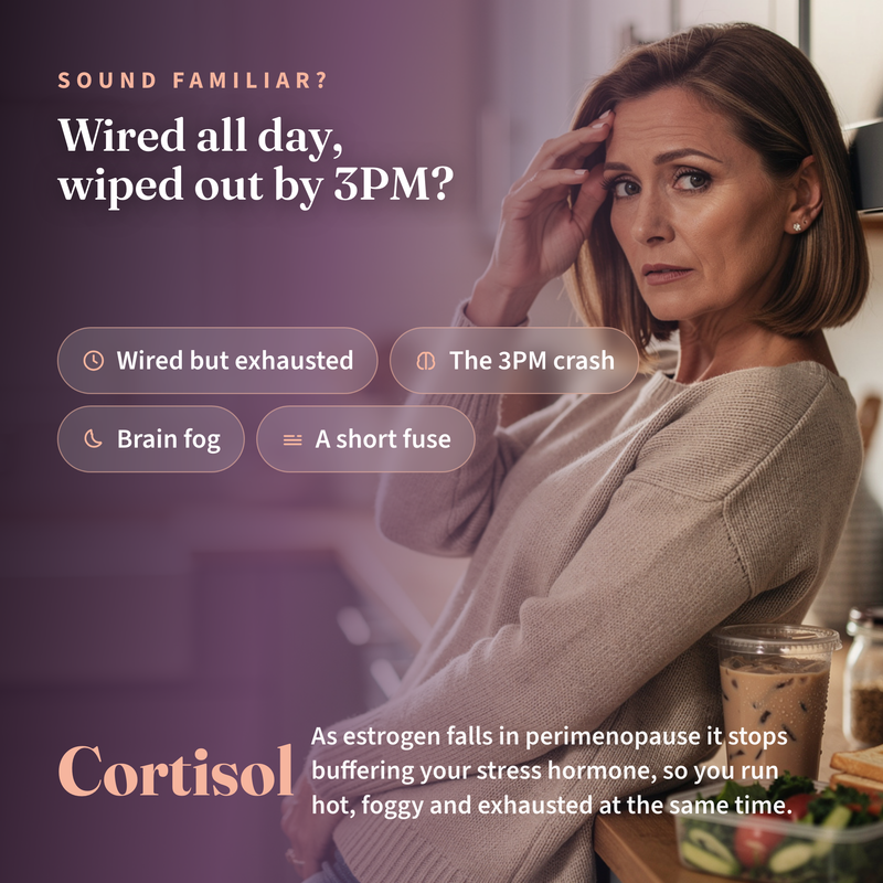 Sound familiar? Wired all day, wiped out by 3PM — the perimenopause cortisol shift