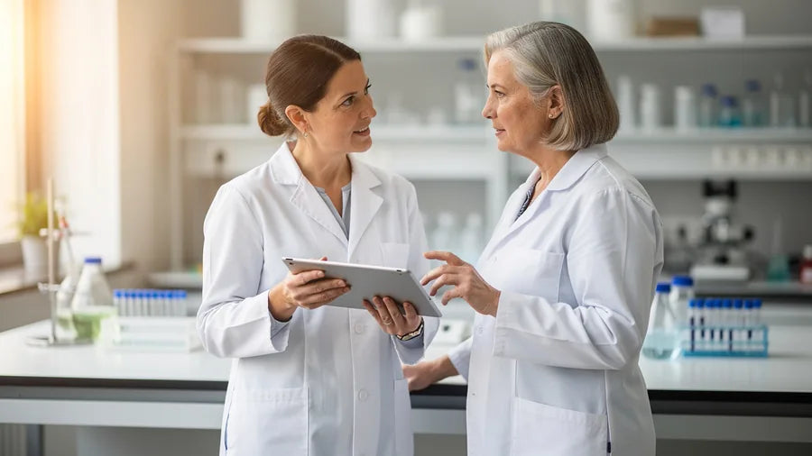 Female physicians in conversation in the laboratory